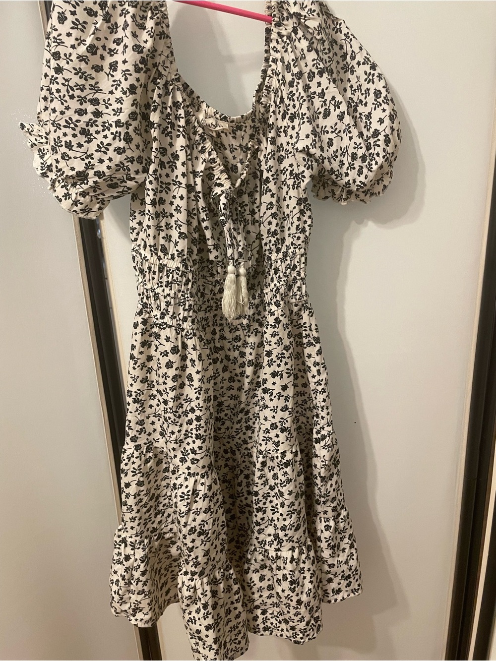 Cream Floral Puff-Sleeve Dress with Tassel Tie